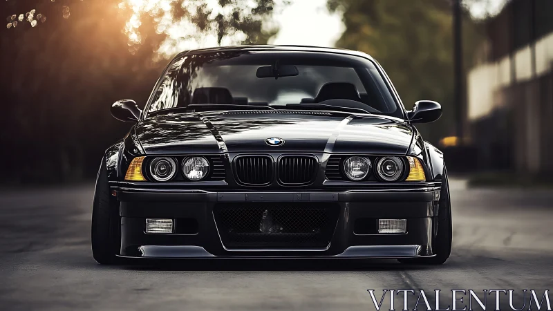 Front view of black BMW coupe on empty urban roadway.