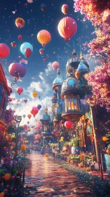 Balloon-brightened sky crowns a blossom-drenched fantasy street