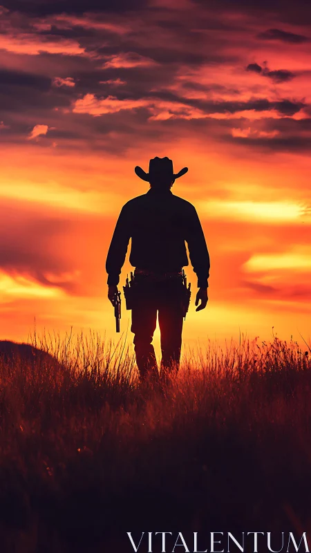 Lone cowboy silhouette glowing against a blazing sunset sky.