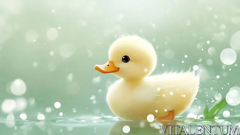 Fluffy duckling portrait on soft mint bokeh water scene.