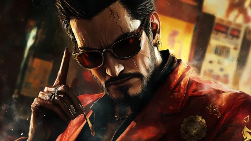 Scarred crime boss in crimson coat under cinematic lighting.