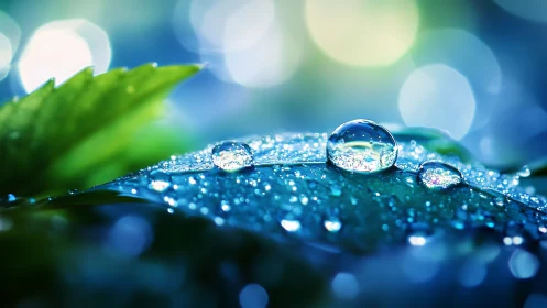 Macro dew on leaf surface under cool bokeh illumination