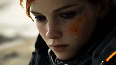 Close-up of solemn freckled girl with orange face smear.