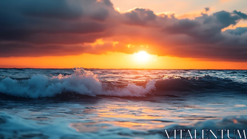 Sunlit waves crash beneath a blazing, storm-kissed horizon