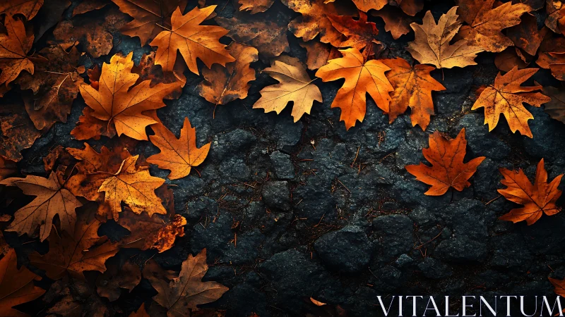 Autumn maple leaves on dark stone ground in warm light.