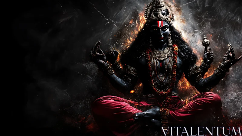 Fierce midnight goddess crowned in embers and scarlet calm.