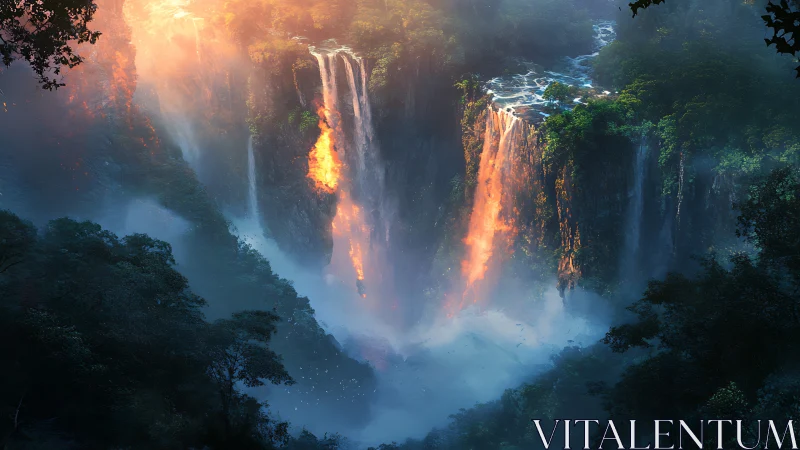 Luminous jungle cataracts cascade into a mist-filled abyss
