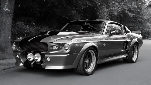 Classic muscle car gleams on a quiet forest road.