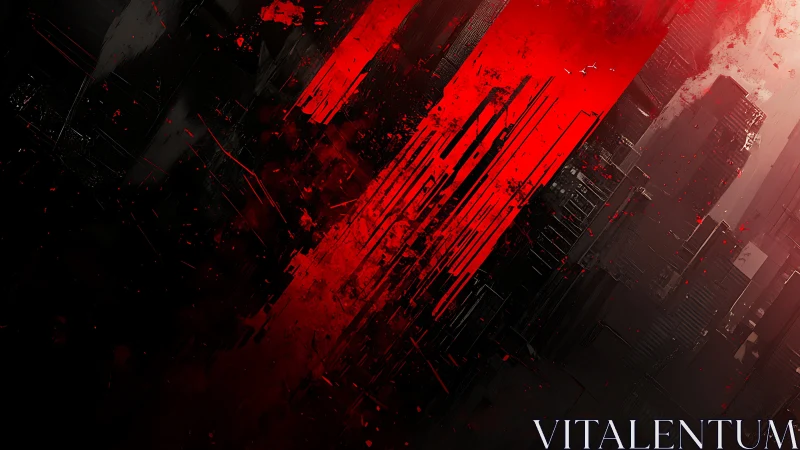 Vertical crimson slashes dissect a dystopian digital metropolis