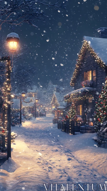 Nocturnal winter village street with luminous festive optics.