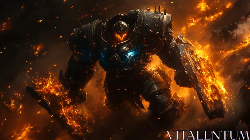 Molten armored mech warrior strides through raging inferno.