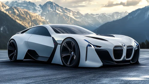 Futuristic white sports coupe on icy mountain plateau.