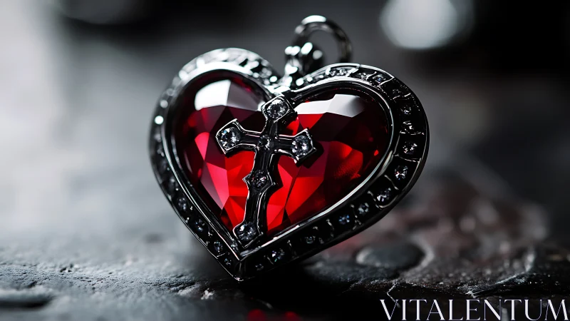 Ornate Heart-Shaped Gemstone Pendant with Gothic Cross Embellishment and Red Faceted Crystal