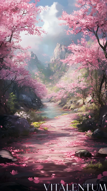 Mountain valley path under dense pink blossom canopy.