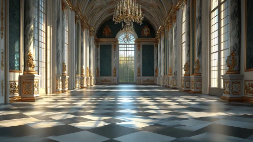 Sunlit baroque palace hall glows with marble and gold