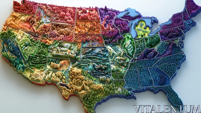 Color-coded 3D topographic relief map of the United States.