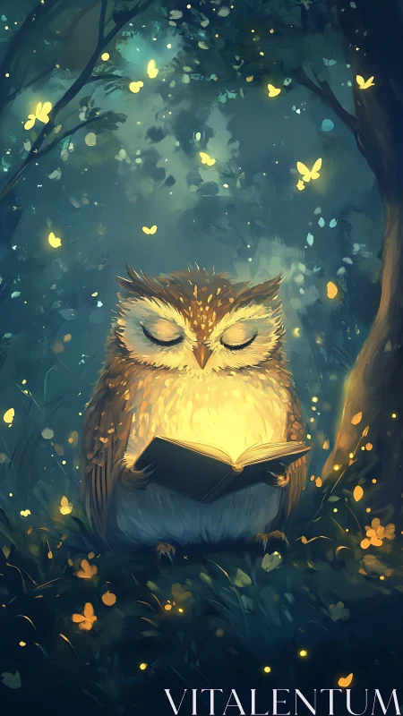 Digital painting of luminous owl reading in enchanted glade.