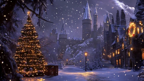 Snow covered castle courtyard shows lit tree and warm windows