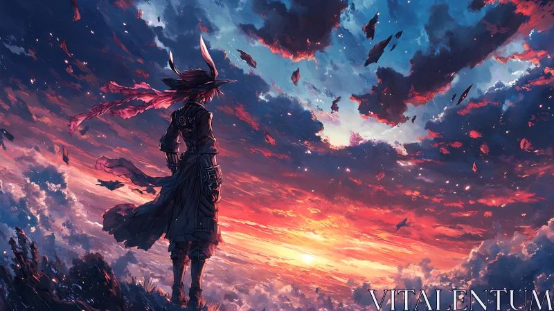 Lone anime wanderer gazes into a blazing cosmic sunset sky.
