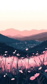 Layered mountain landscape shows stylized valley and flower field