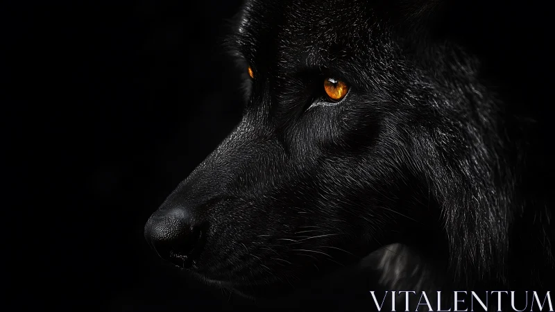 Obsidian wolf portrait isolates amber eyes in dramatic low key