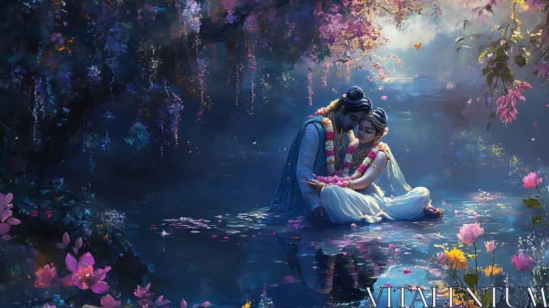 Digitally rendered scene depicts two figures in flowering environment.