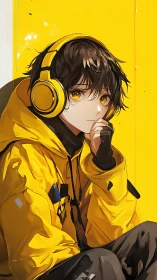 Anime portrait in monochrome yellow streetwear aesthetic.