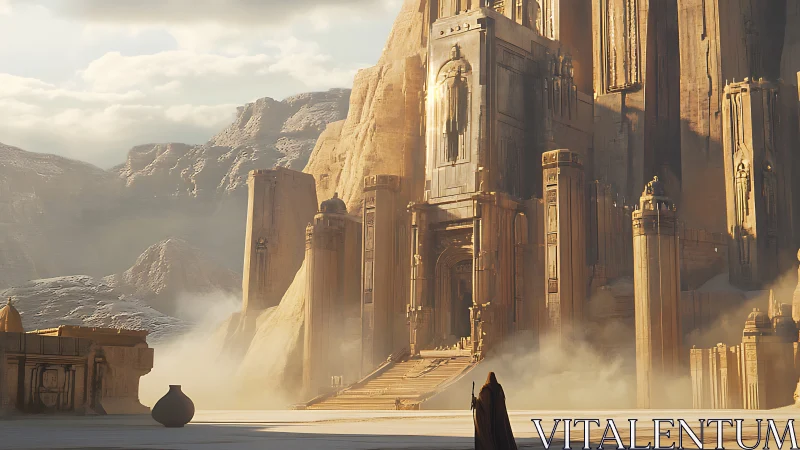 Sandstone desert citadel with monumental stepped entrance.