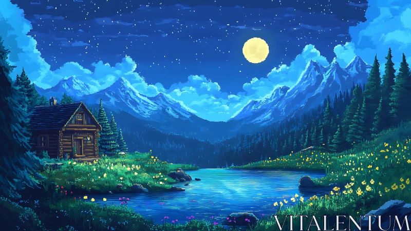 Pixel cabin beside alpine lake under bright full moon.