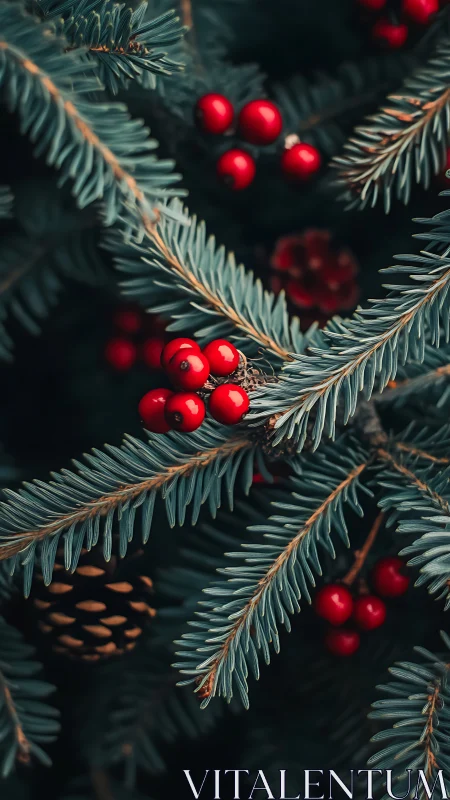 Red berries rest on blue spruce branches in soft focus
