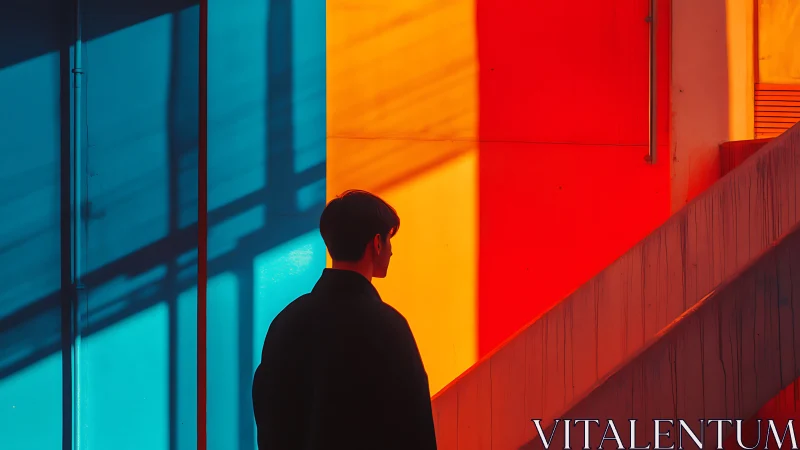 Silhouetted figure studies bold blue and orange geometric light