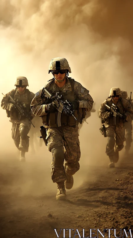 Infantry squad advancing through dusty combat zone at speed
