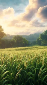 Sunlit wheat field rendered with volumetric clouds and soft bokeh