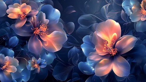 Luminescent Flowers with Glowing Centers on Dark Backdrop.