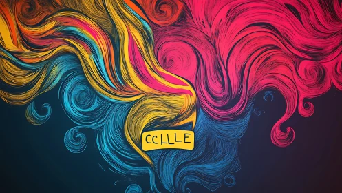 Vibrant digital swirls frame bold central label text block.