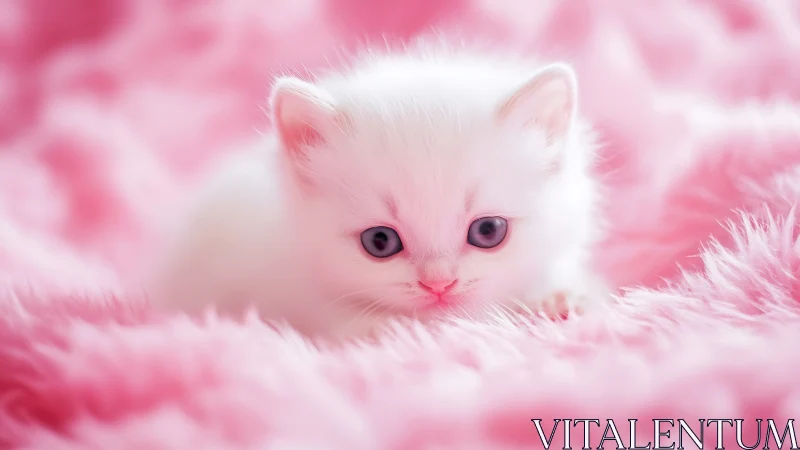 Ethereal White Feline with Lavender Eyes in Pink Volumetric Atmosphere.