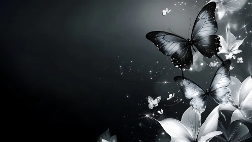 Midnight butterflies drift through silver blossoms and starlight.