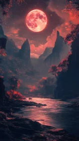 Crimson moonrise bathes a mystical river valley in eerie light