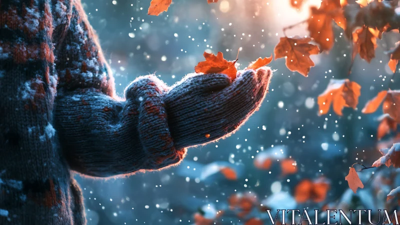 Gloved hand holds autumn leaf amid shallow depth of field