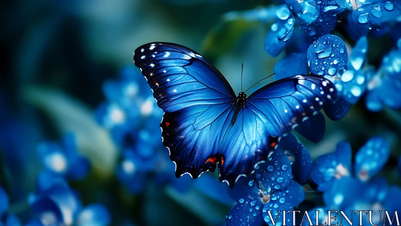 Sapphire winged butterfly resting on dew jeweled blossoms.