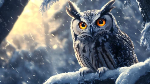 Majestic owl with vivid orange eyes in snowy forest, digital art.