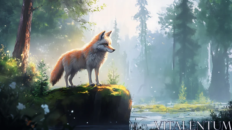 Fox sentinel basking in dawnlit mist above a still forest pond.