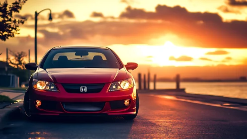 Photorealistic red sports sedan at sunset waterfront curbside.
