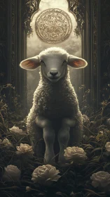 Consecrated lamb beneath ornate celestial halo window.
