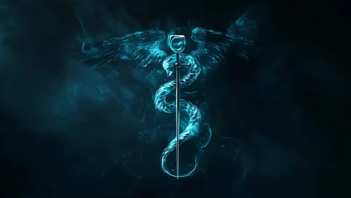 Luminous serpent caduceus with spectral wings in teal mist.