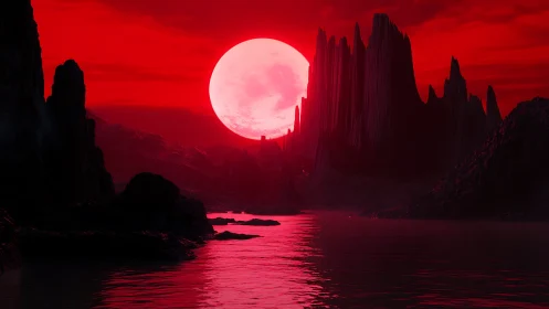 Crimson exoplanet seascape with basalt spires and giant moon.