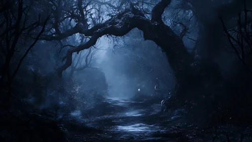 Moonlit haunted forest path under twisted arching trees.