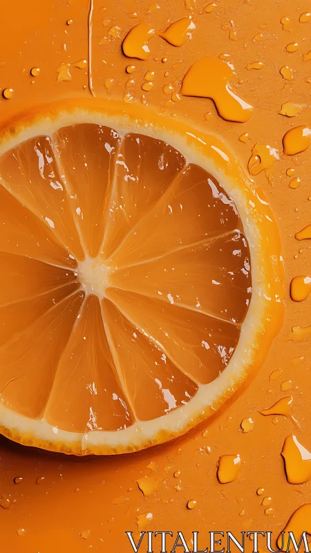 Juicy orange slice glistens with droplets on vivid backdrop.