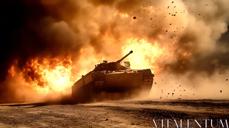 Military Tank Engulfed in Explosive Fire and Dust