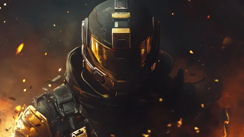 Armored sci fi soldier emerging through molten embers.